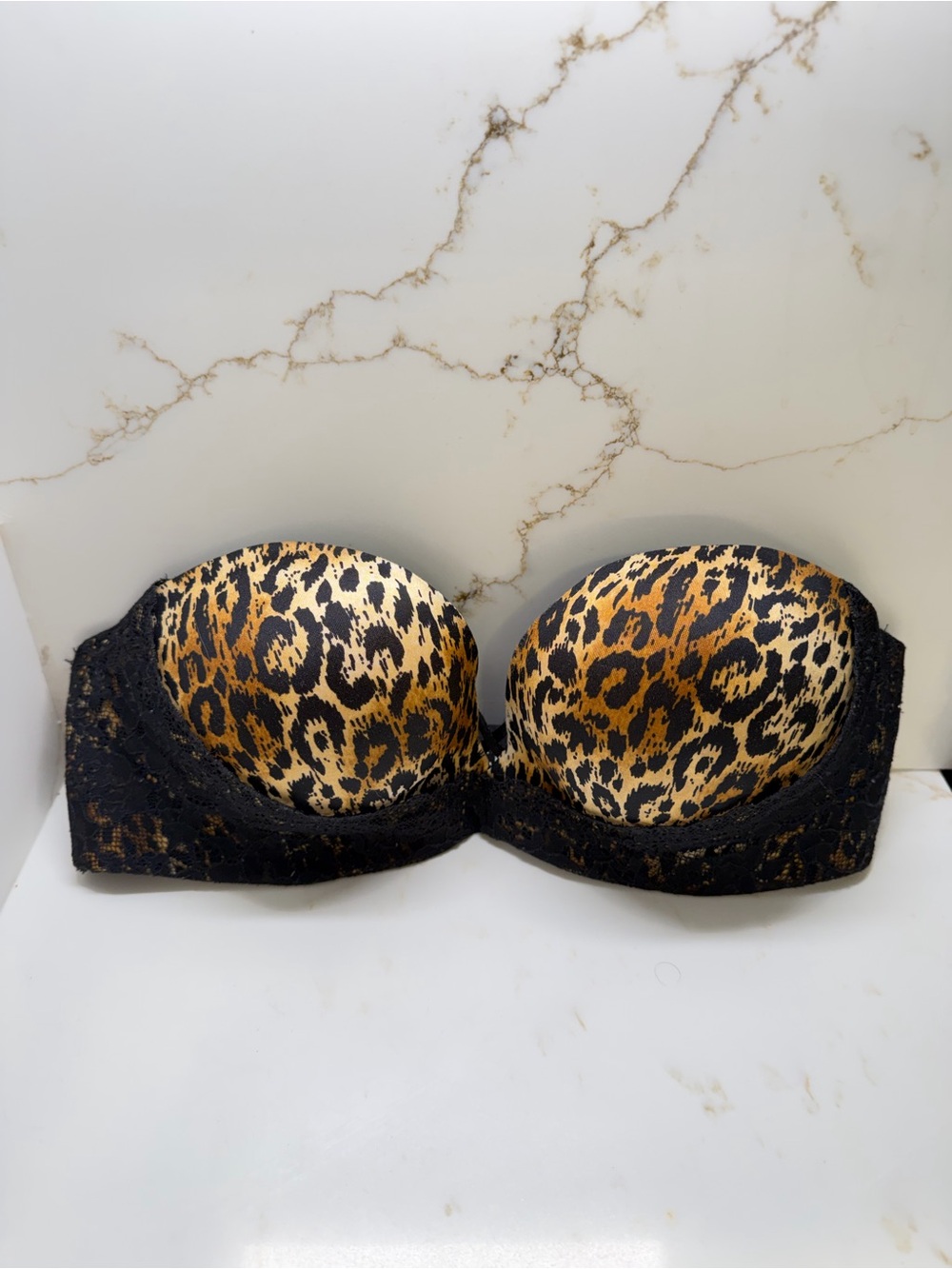 Victoria's Secret Leopard/Black Lace Strapless Padded Bra - 36B